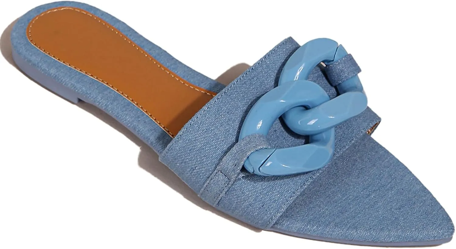 Women's Pointed Open Toe Flat Sandals with Chunky Chain Decor Slip-on Non Slip Beach Slides Sandals Casual Breathable Walking Slippers
