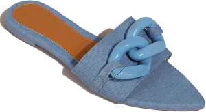 Women's Pointed Open Toe Flat Sandals with Chunky Chain Decor Slip-on Non Slip Beach Slides Sandals Casual Breathable Walking Slippers