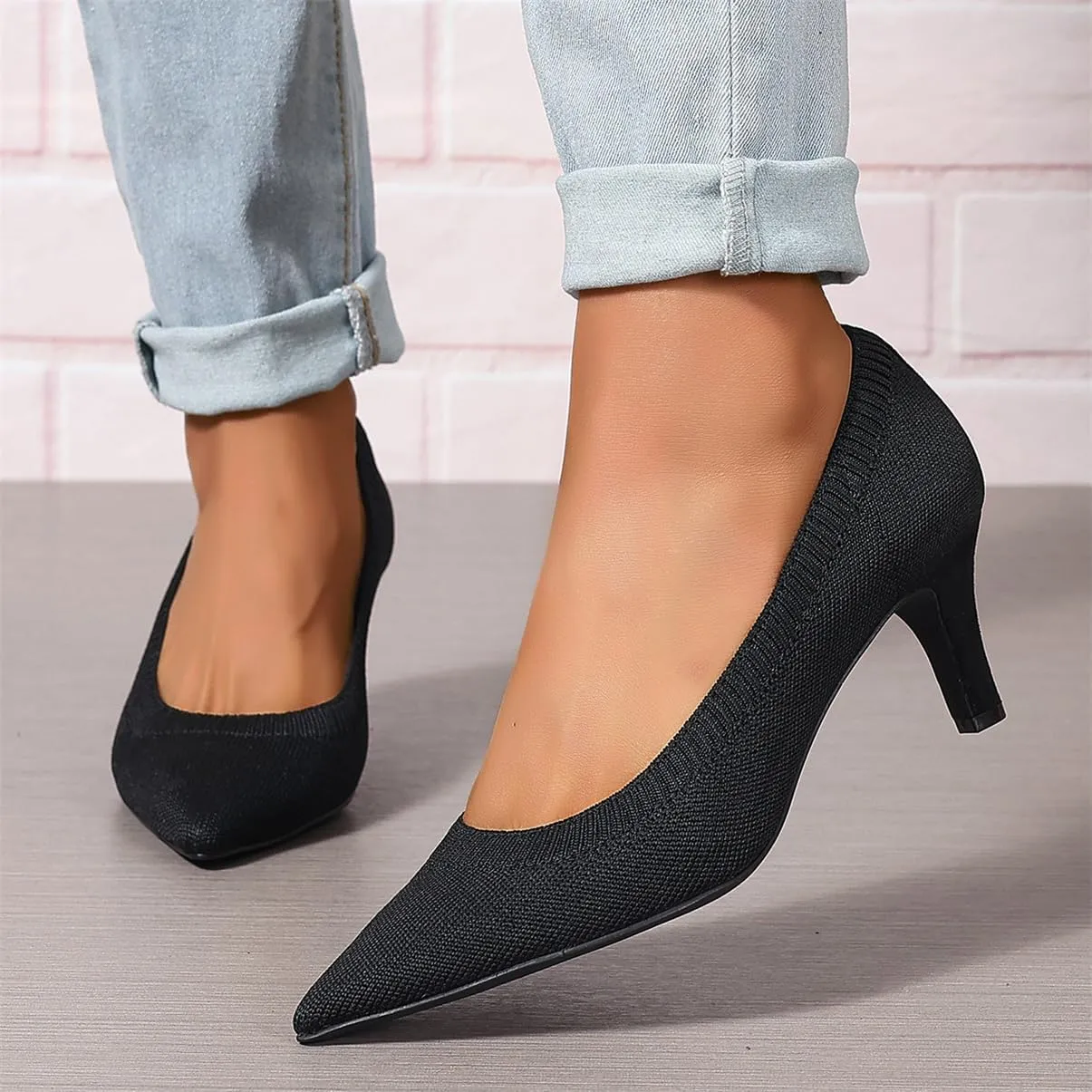 Women's Pumps Kitten Heel Pump Shoes Pointed Toe Knit Comfortable Dress Shoes for Work Business Casual Party Dressy, US Size 4-11