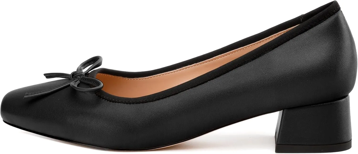 Womens Pumps, Square Toe Low Block Heel Pumps for Women, Leather Insole Comfort Daily Pump Shoes with Bow Tie 1.3"
