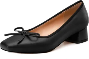 Womens Pumps, Square Toe Low Block Heel Pumps for Women, Leather Insole Comfort Daily Pump Shoes with Bow Tie 1.3"