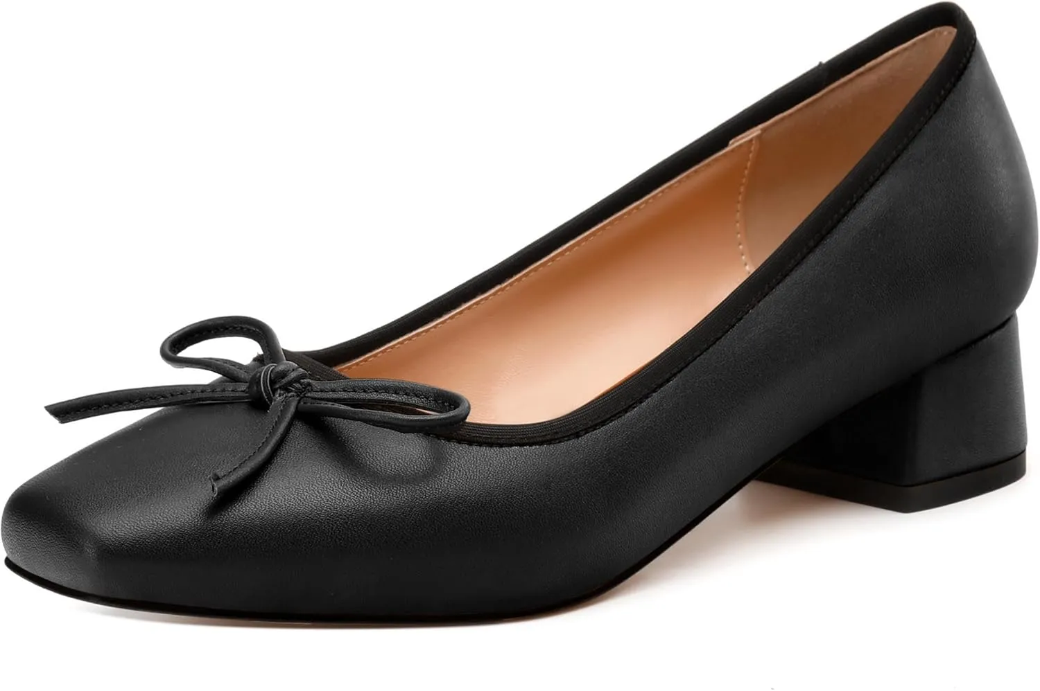 Womens Pumps, Square Toe Low Block Heel Pumps for Women, Leather Insole Comfort Daily Pump Shoes with Bow Tie 1.3"