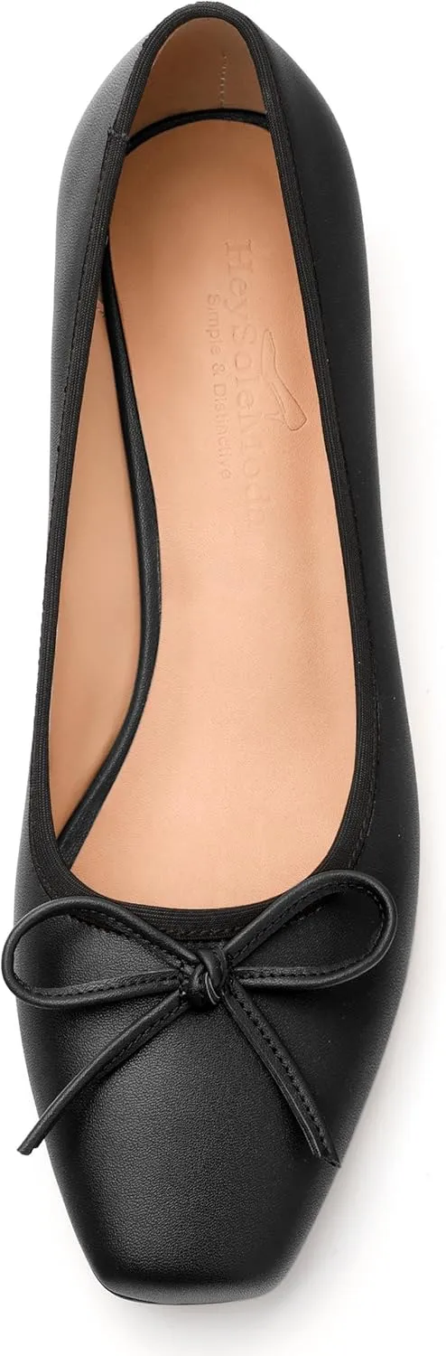 Womens Pumps, Square Toe Low Block Heel Pumps for Women, Leather Insole Comfort Daily Pump Shoes with Bow Tie 1.3"