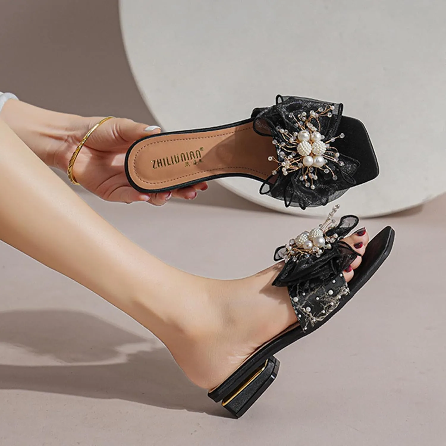 Women's Satin Pearl Bow Open Toe Low Heel Slides Fashion Square Toe Slip On Block Heels Slipper Sandals Sexy Anti-Slip Party Prom Formal Dress Slippers