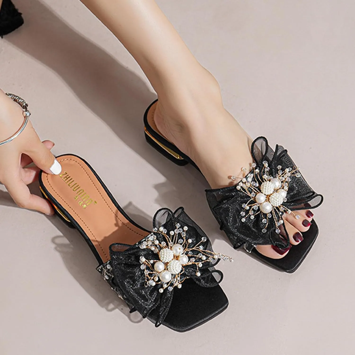 Women's Satin Pearl Bow Open Toe Low Heel Slides Fashion Square Toe Slip On Block Heels Slipper Sandals Sexy Anti-Slip Party Prom Formal Dress Slippers