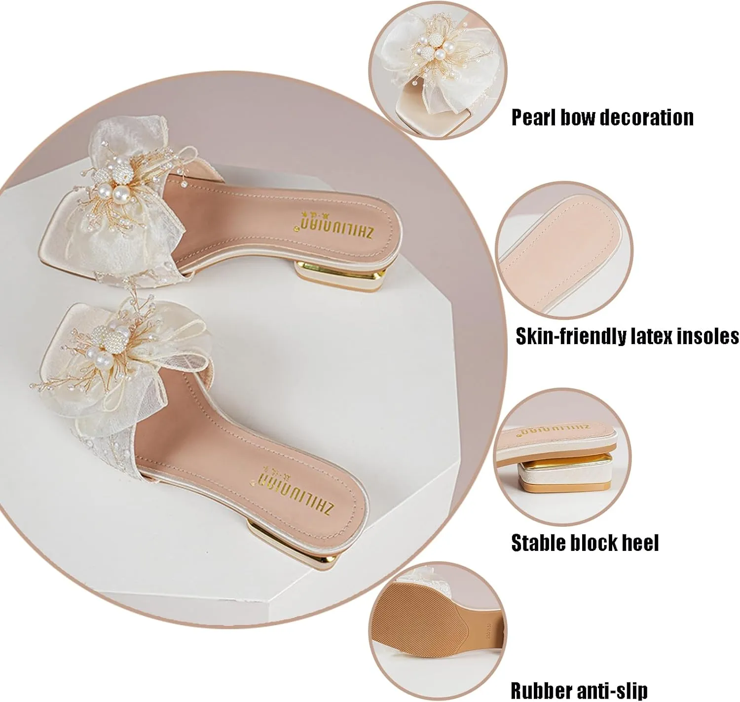 Women's Satin Pearl Bow Open Toe Low Heel Slides Fashion Square Toe Slip On Block Heels Slipper Sandals Sexy Anti-Slip Party Prom Formal Dress Slippers