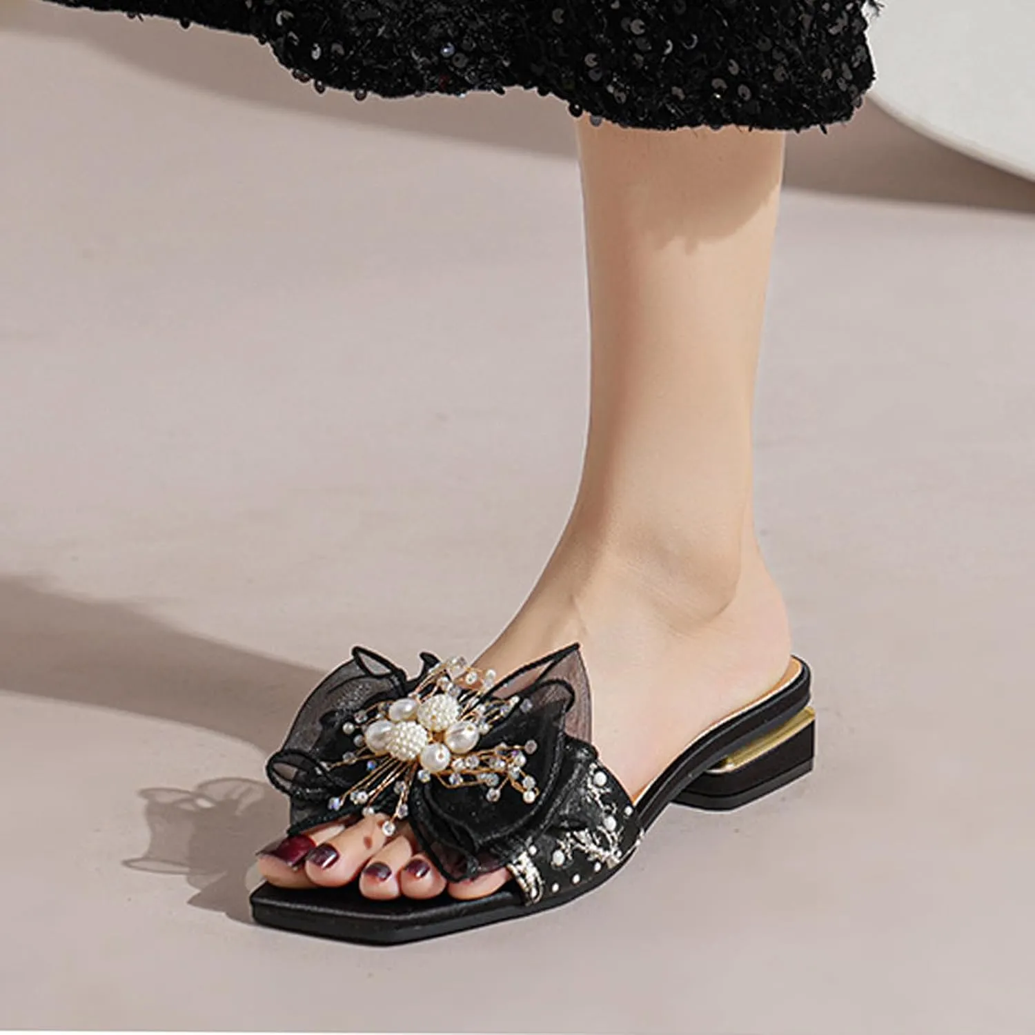 Women's Satin Pearl Bow Open Toe Low Heel Slides Fashion Square Toe Slip On Block Heels Slipper Sandals Sexy Anti-Slip Party Prom Formal Dress Slippers