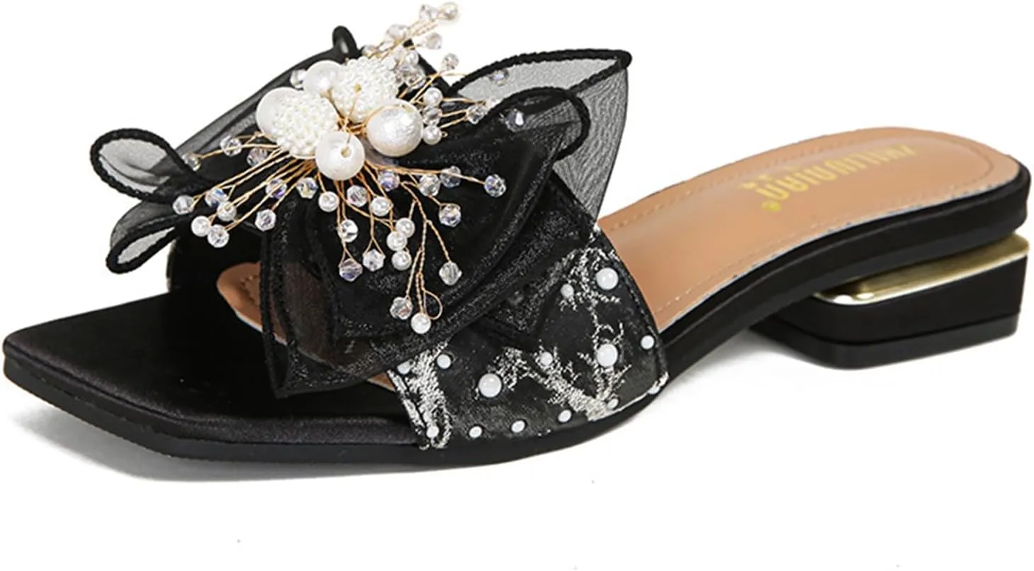 Women's Satin Pearl Bow Open Toe Low Heel Slides Fashion Square Toe Slip On Block Heels Slipper Sandals Sexy Anti-Slip Party Prom Formal Dress Slippers