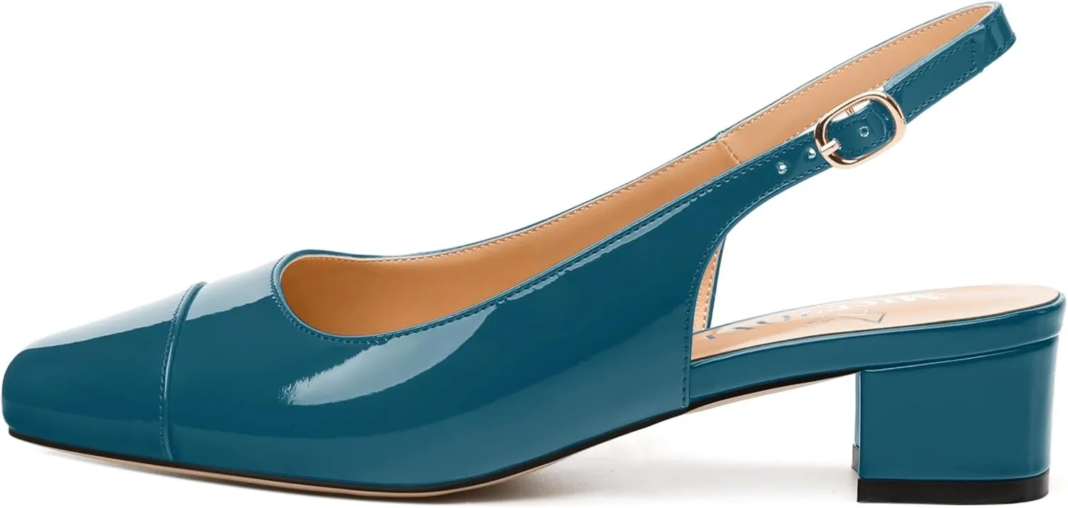 Women's Slingback Pumps, Low Chunky Heels Square Toe Pumps for Women, Block Heels Dress Shoes Closed Toe Comfortable Wedding Work Pump Sandals