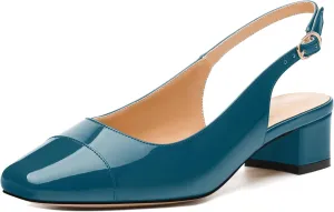 Women's Slingback Pumps, Low Chunky Heels Square Toe Pumps for Women, Block Heels Dress Shoes Closed Toe Comfortable Wedding Work Pump Sandals