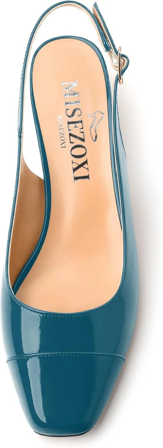Women's Slingback Pumps, Low Chunky Heels Square Toe Pumps for Women, Block Heels Dress Shoes Closed Toe Comfortable Wedding Work Pump Sandals
