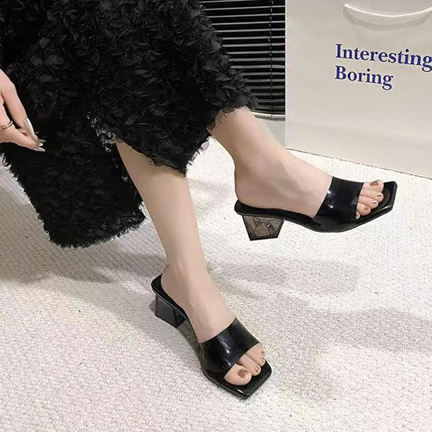 Women's Transparent Square Head Open Toe Chunky Heel High Heels Sandals Fashion Backless Non-Slip Transparent Low Block Heel Mules Heeled Slipper Sexy Dress Slip-On Formal Shoes
