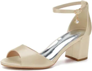 Womens Wedding Shoes Women's Low Block Heel Sandals Chunky Buckle Peep Toe Wedding Dress Shoes Low Heel Comfortable Pump Sandals Satin Evening(Champagne,6)