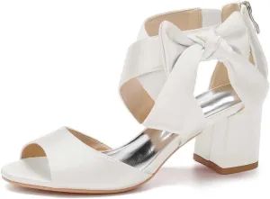 Womens Wedding Shoes Women's Low Block Heel Sandals Satin Bridal Chunky Ankle Strap Zipper Wedding Dress Shoes Low Heel Pump(Ivory,11.5)