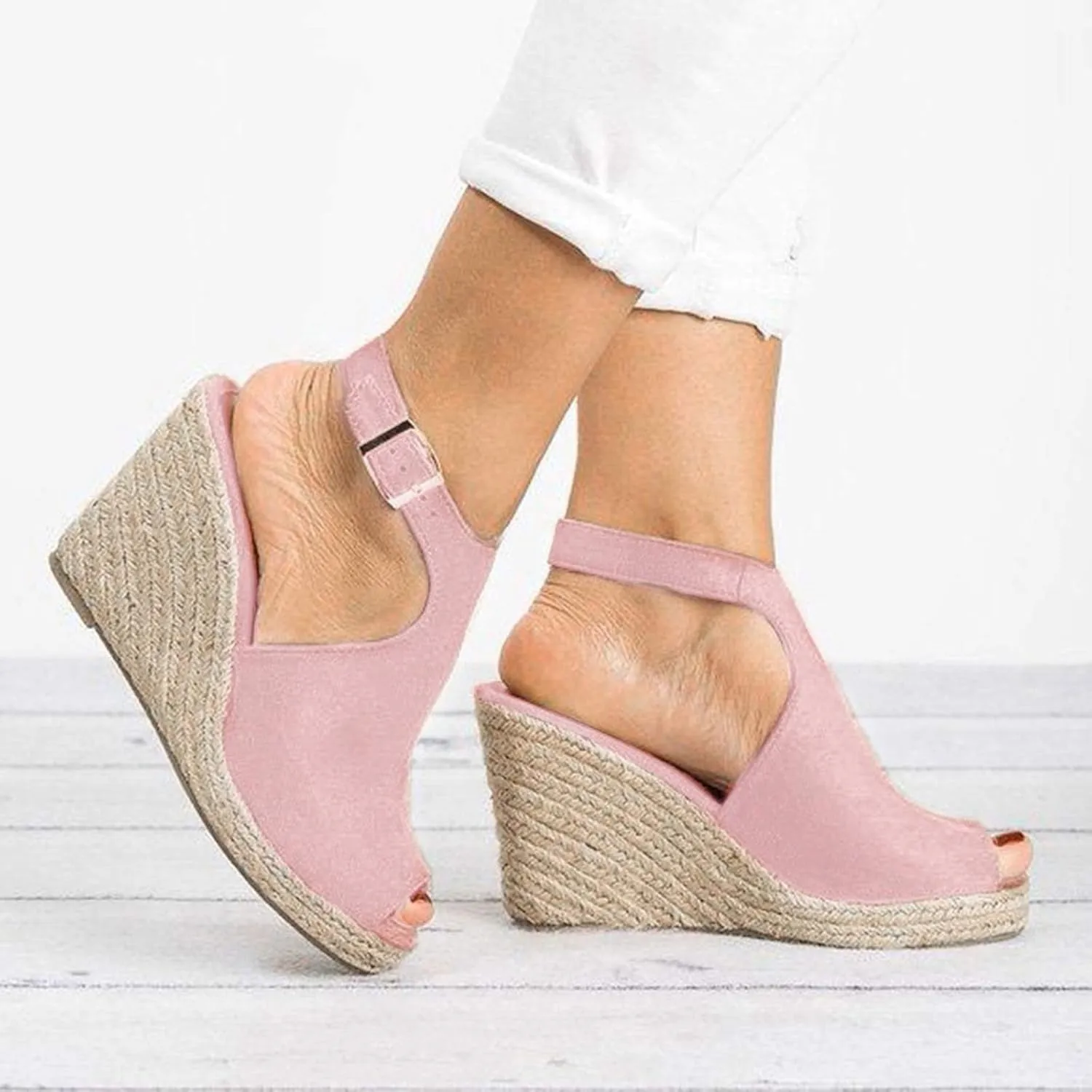 Womens Wedge Sandals Buckle Ankle Strap Open Toe Espadrille Wedge Sandals Roman Solid Casual Sandals for Women