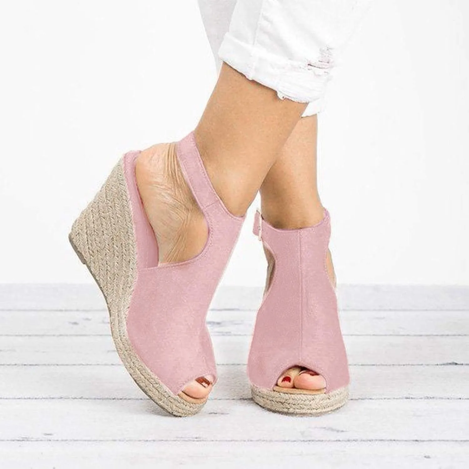 Womens Wedge Sandals Buckle Ankle Strap Open Toe Espadrille Wedge Sandals Roman Solid Casual Sandals for Women