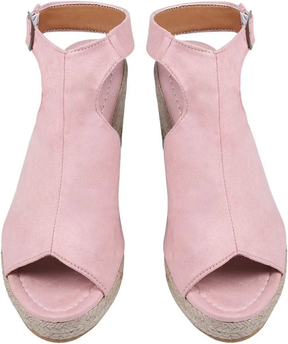 Womens Wedge Sandals Buckle Ankle Strap Open Toe Espadrille Wedge Sandals Roman Solid Casual Sandals for Women
