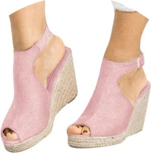 Womens Wedge Sandals Buckle Ankle Strap Open Toe Espadrille Wedge Sandals Roman Solid Casual Sandals for Women