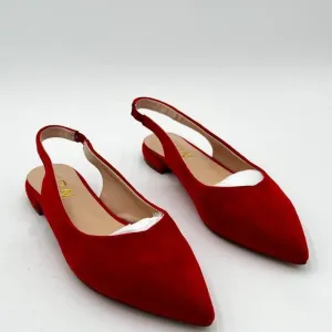 YDN Red-suede Pointed Toe Slingback Ballet Flats Low Heel Slide Sandals Comforta