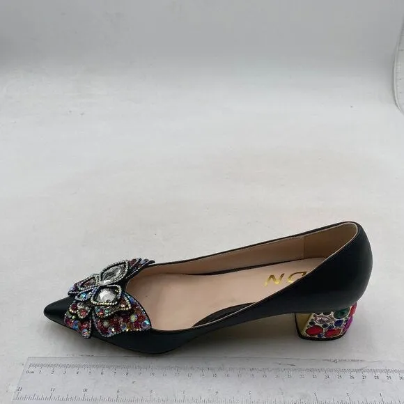 YDN Women Pointed Toe Bow Pump Rhinestone Block Low Heel Butterfly Black Shoes