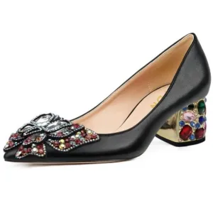 YDN Women Pointed Toe Bow Pump Rhinestone Block Low Heel Butterfly Black Shoes
