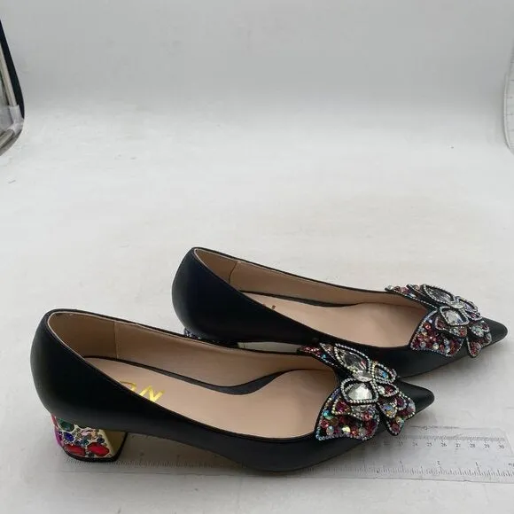YDN Women Pointed Toe Bow Pump Rhinestone Block Low Heel Butterfly Black Shoes