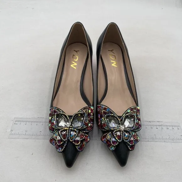YDN Women Pointed Toe Bow Pump Rhinestone Block Low Heel Butterfly Black Shoes