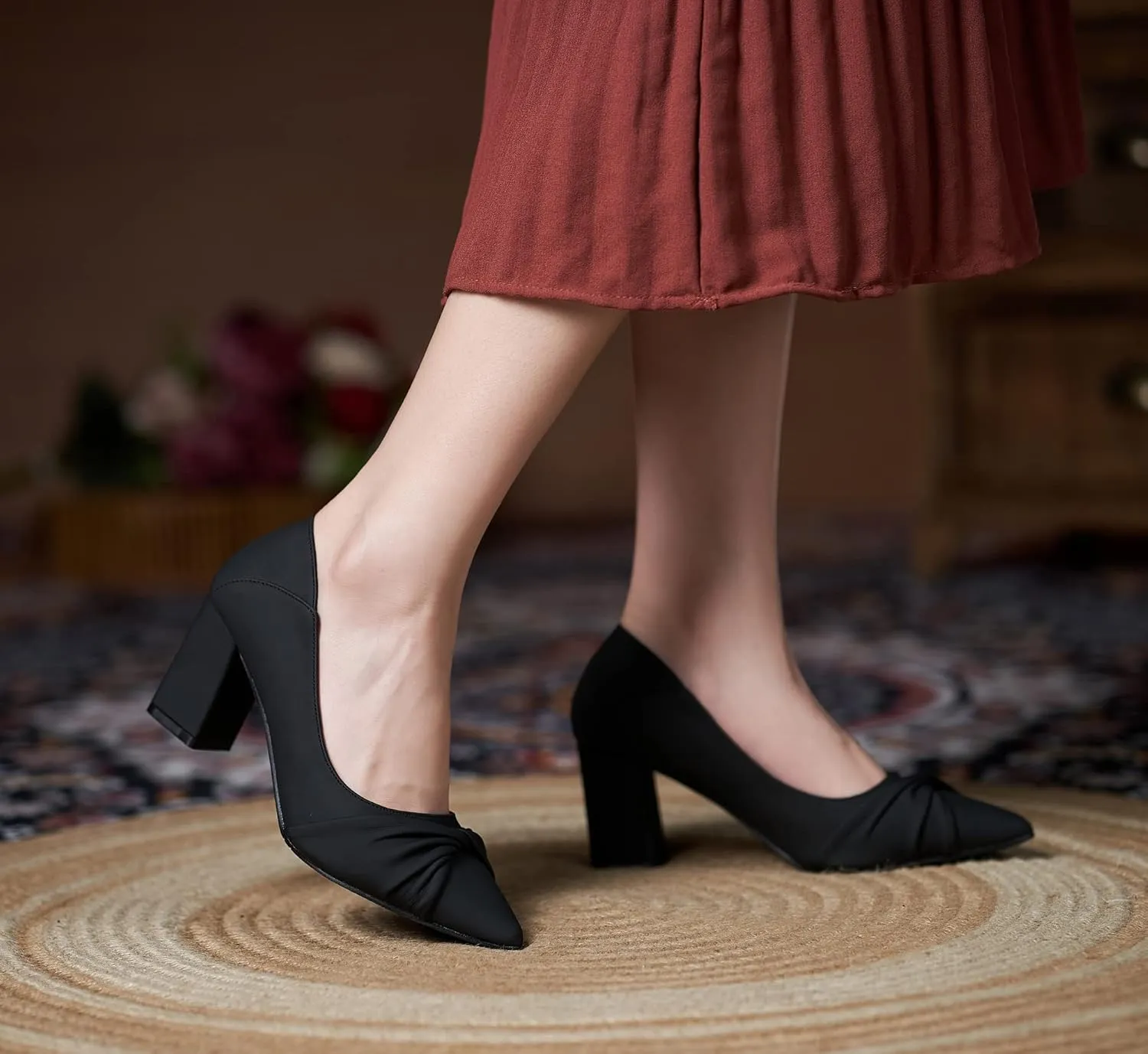 YooPrettyz Women Office Ruched Band Daily Wear Work Pump Block Heel Pointed Toe Foldable Chunky Mid Heels