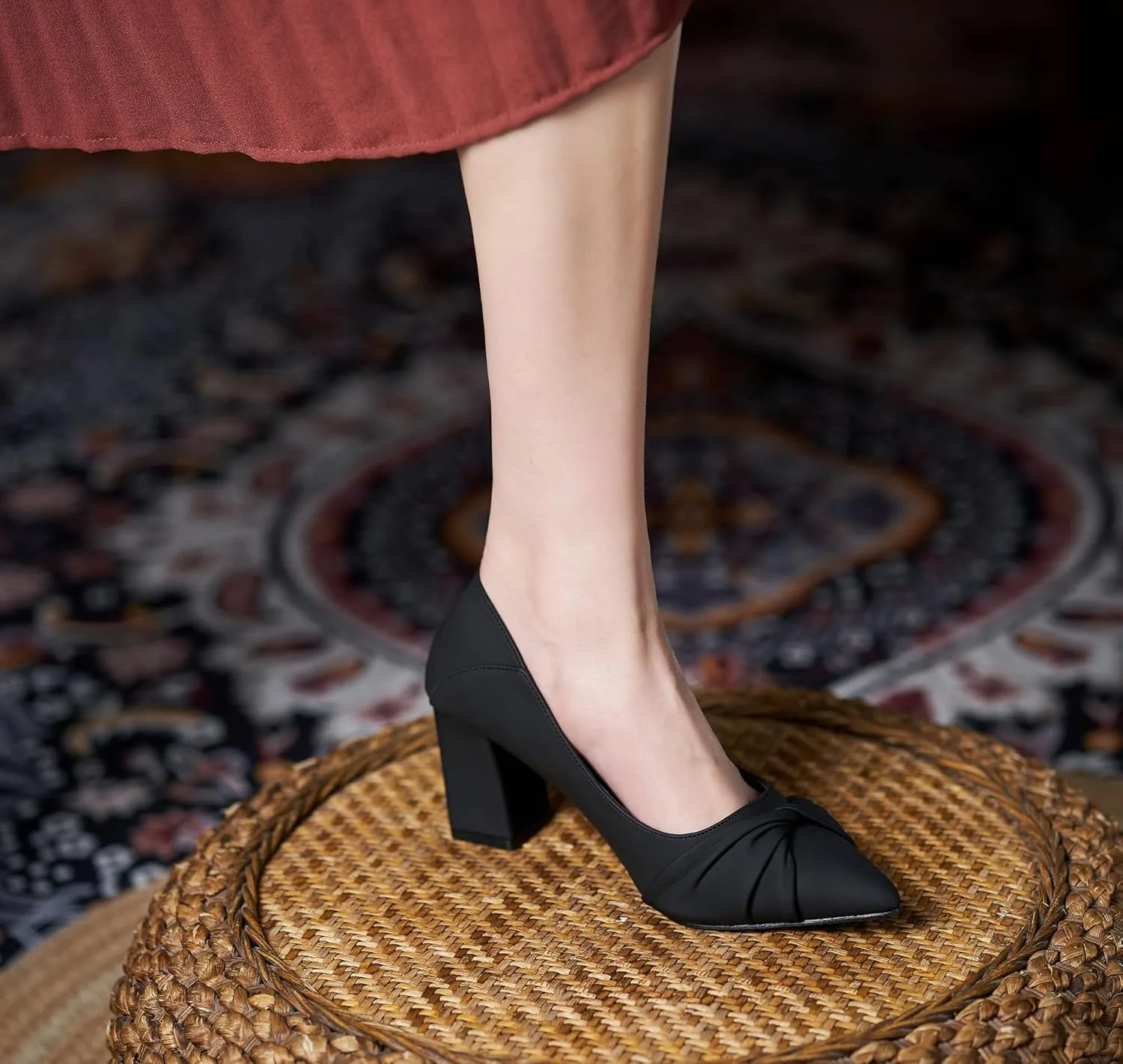 YooPrettyz Women Office Ruched Band Daily Wear Work Pump Block Heel Pointed Toe Foldable Chunky Mid Heels