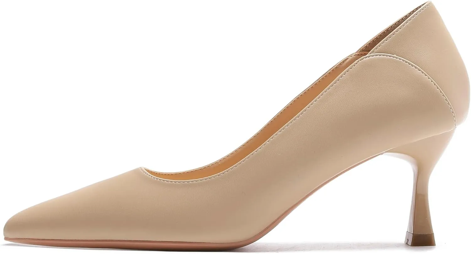 YooPrettyz Women's Pointed Toe Leather Slip On Kitten Low Heel Pumps Office Work Dress Foldable Shoes 2 Inch