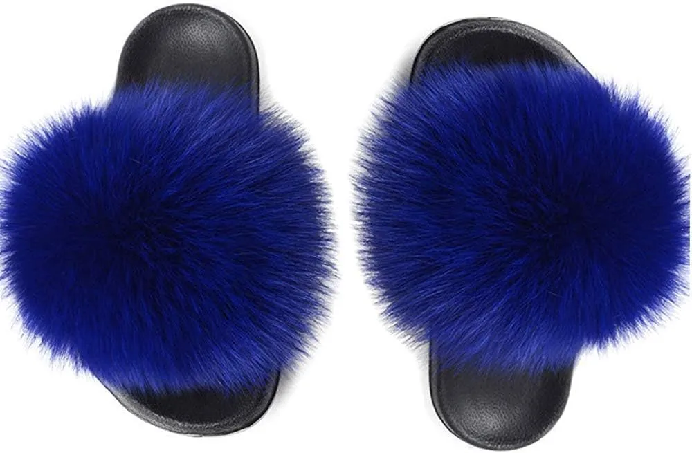 Yu Li Women Real Fox Fur Feather Vegan Leather Open Toe Single Strap Slip On Sandal