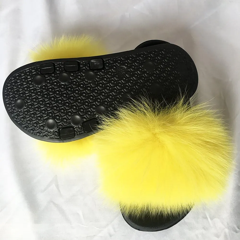 Yu Li Women Real Fox Fur Feather Vegan Leather Open Toe Single Strap Slip On Sandal