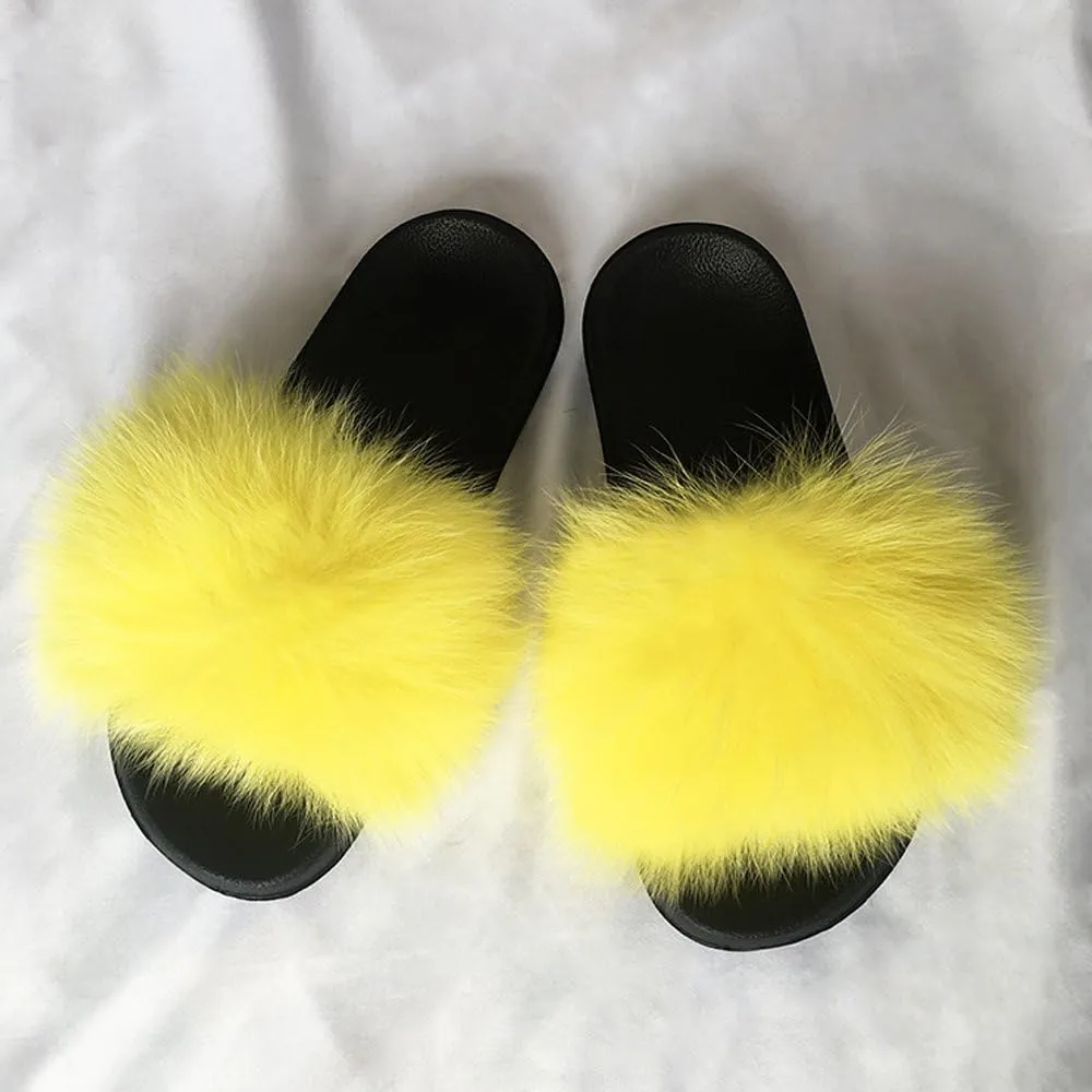 Yu Li Women Real Fox Fur Feather Vegan Leather Open Toe Single Strap Slip On Sandal