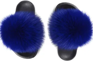 Yu Li Women Real Fox Fur Feather Vegan Leather Open Toe Single Strap Slip On Sandal
