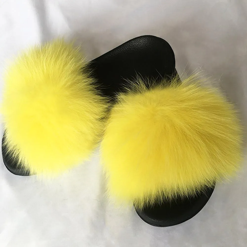 Yu Li Women Real Fox Fur Feather Vegan Leather Open Toe Single Strap Slip On Sandal