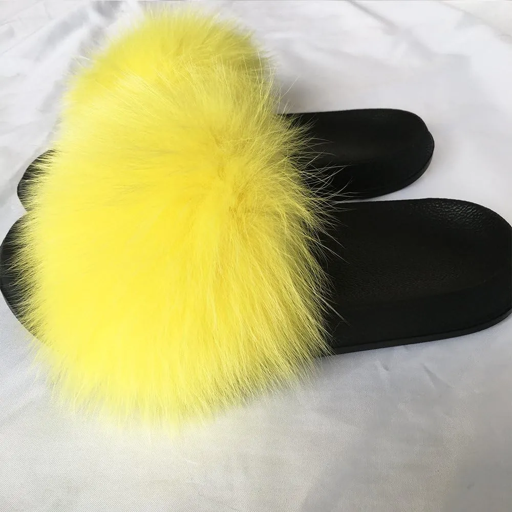 Yu Li Women Real Fox Fur Feather Vegan Leather Open Toe Single Strap Slip On Sandal