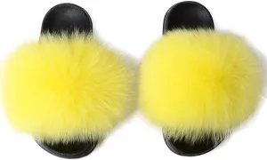 Yu Li Women Real Fox Fur Feather Vegan Leather Open Toe Single Strap Slip On Sandal